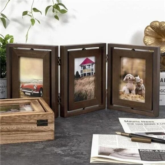 4x6 Picture Frame Rustic Wood Hinged Folding Triple Picture Frames Collage - Picture 2 of 7
